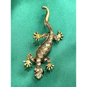 NWOT Lizard Gecko Brooch Pin Gold Toned Clear Crystal Rhinestone Black Eyes